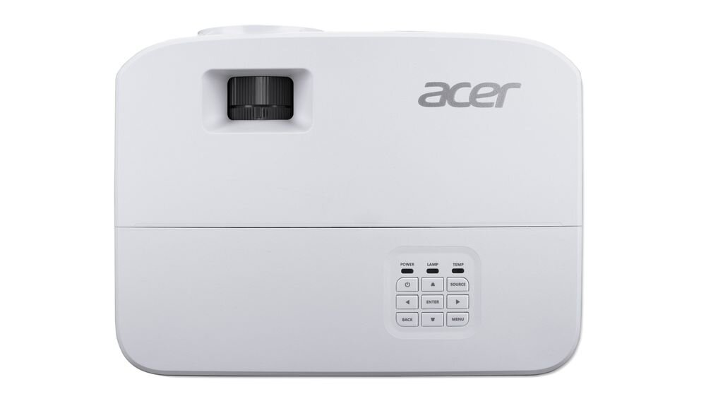 Biały projektor z logo \'acer\' na górze, posiada pokrętło regulacji oraz panel sterowania z przyciskami oznaczonymi m.in. \'POWER\', \'LAMP\', \'TEMP\'.
