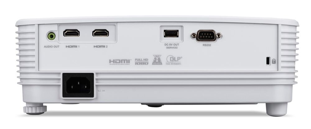 Tył białego projektora z widocznymi portami: AUDIO OUT, HDMI 1, HDMI 2, DC 5V OUT, RS232 oraz logo HDMI, FULL HD 1080p i DLP. Znajduje się także gniazdo zasilania AC IN.