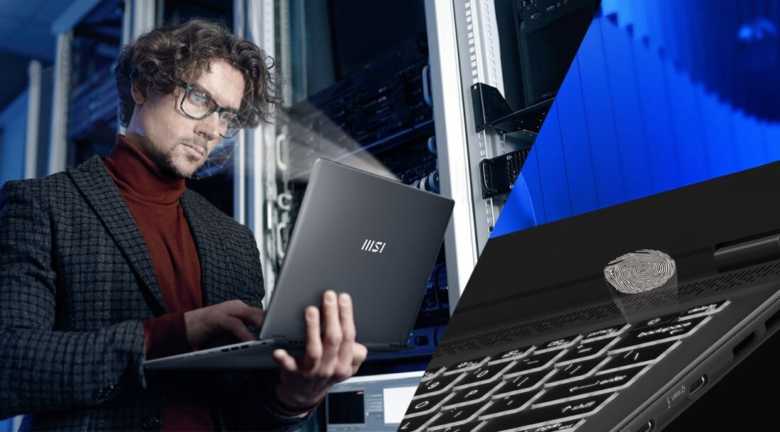 Mężczyzna pracujący na laptopie MSI Prestige 14 AI Studio w serwerowni; po prawej stronie zbliżenie na czytnik linii papilarnych umieszczony przy klawiaturze. - rozpoznawanie twarzy i czytnik odcisków palców