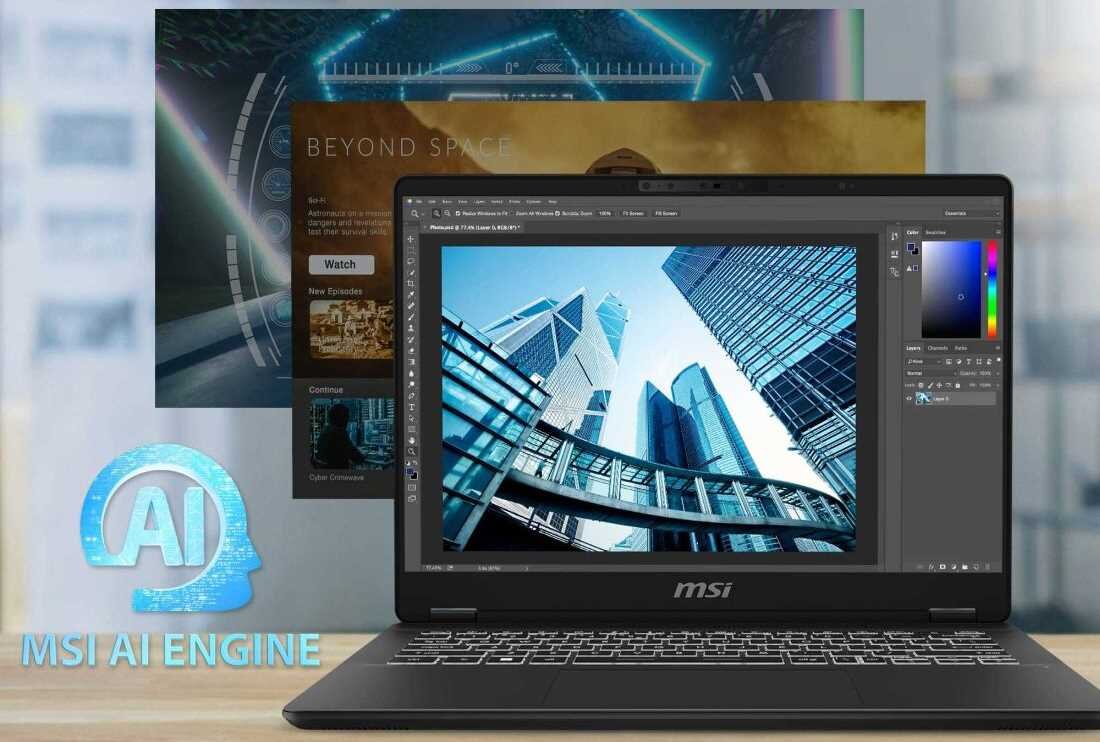 Laptop MSI Prestige 14 AI Studio z wyświetlaczem prezentującym program graficzny i zdjęcie wieżowców, w tle interfejsy multimedialne, po lewej logo MSI AI Engine. - MSI Intelligent Technology
