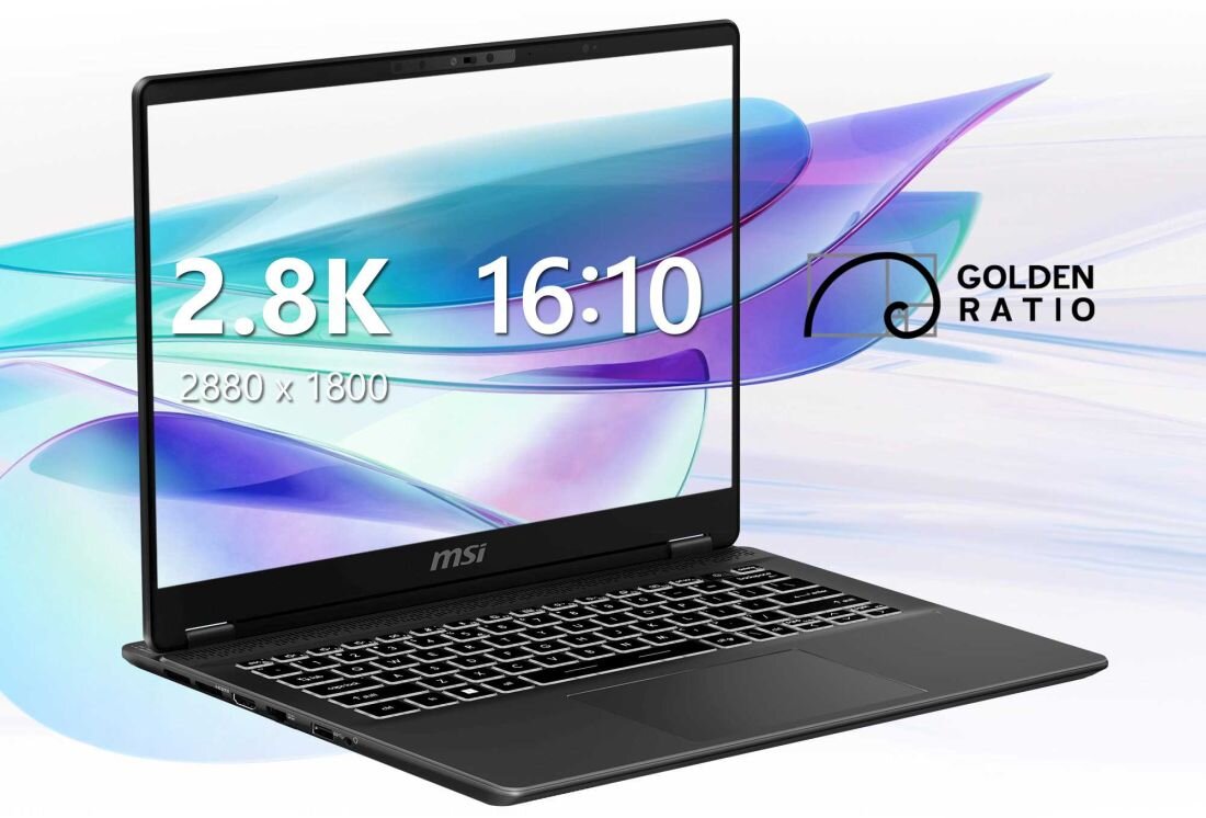 Laptop MSI Prestige 14 AI+ Evo z ekranem o rozdzielczości 2.8K (2880 × 1800) i proporcjach 16:10, na wyświetlaczu kolorowa grafika abstrakcyjna oraz symbol „Golden Ratio”. - 14 cali i rozdzielczości 2880 x 1800 px  