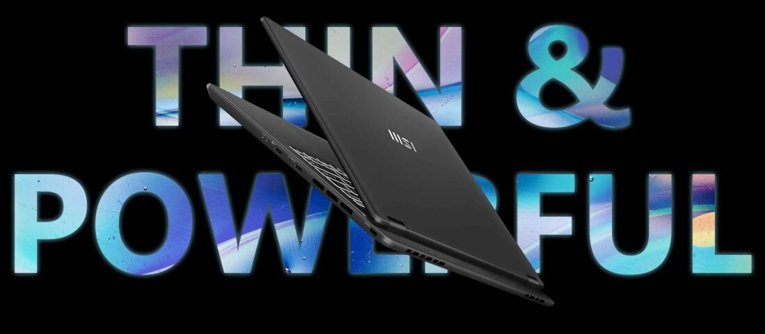 Dwa laptopy MSI Prestige 14 AI+ Evo w kolorze czarnym, jeden otwarty, drugi zamknięty, prezentacja smukłej aluminiowej obudowy na tle napisu „THIN & POWERFUL”. - Lekkość 1,7 kg grubość 1.89 cm 