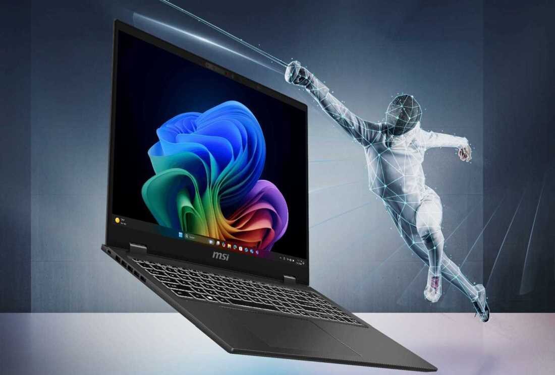 Recenzja laptopa MSI Prestige 16 AI+ Evo, ukazująca jego design i funkcje.   