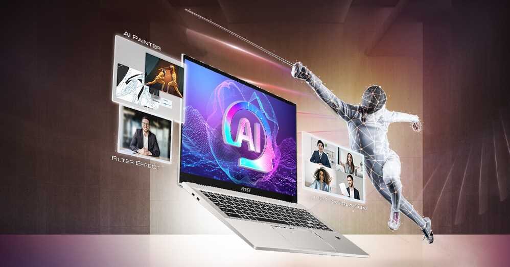 Laptop MSI Prestige A16 AI+ na pierwszym planie z dynamiczną grafiką sztucznej inteligencji na ekranie. Po lewej stronie widoczne panele „AI Painter” i „Filter Effect”, po prawej panel wideokonferencji oraz postać szermierza zbudowana z siatki 3D, symbolizująca zaawansowane możliwości AI i kreatywność.