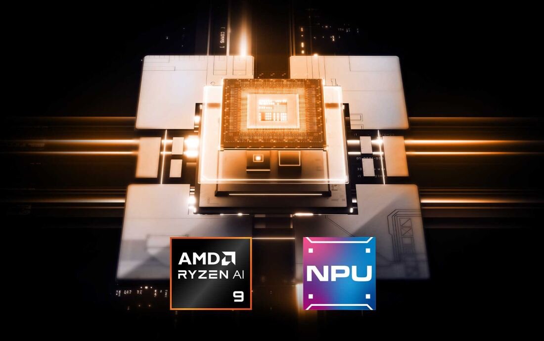 Grafika przedstawiająca procesor AMD Ryzen AI 9 na tle schematycznej płyty głównej, z podświetlonym rdzeniem i logotypami AMD Ryzen AI 9 oraz NPU – symbol dedykowanej jednostki AI w laptopie. - AMD Ryzen CPU Zen 5, NPU XDNA 2 i GPU RDNA 3.5