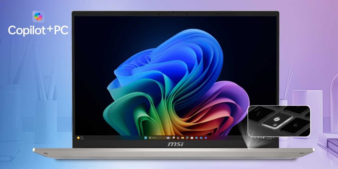 Laptop MSI Prestige A16 AI+ z wyświetlaczem prezentującym system Windows 11 i ikonę Copilot+ PC, zbliżenie na dedykowany klawisz Copilot na klawiaturze, pastelowe tło biurowe. - Copilot, MSI AI Engine