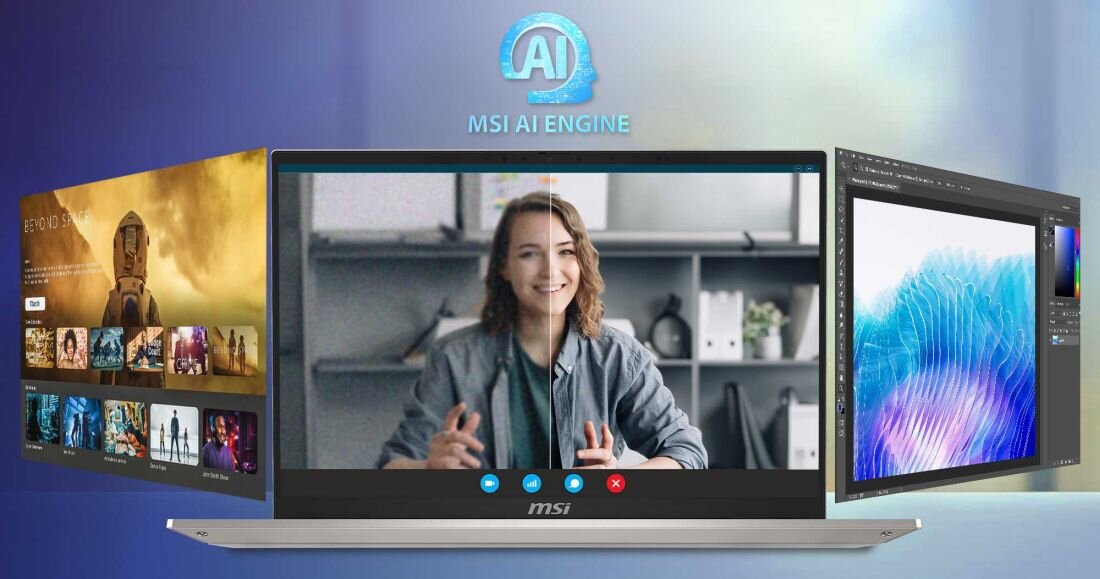 Laptop MSI Prestige A16 AI+ prezentujący funkcje MSI AI Engine – na ekranie centralnym wideokonferencja, po lewej panel multimedialny z filmami i serialami, po prawej kreatywna aplikacja graficzna; nad laptopem niebieskie logo AI, tło w odcieniach niebieskiego i fioletu. - Optymalizacja z MSI AI Engine
