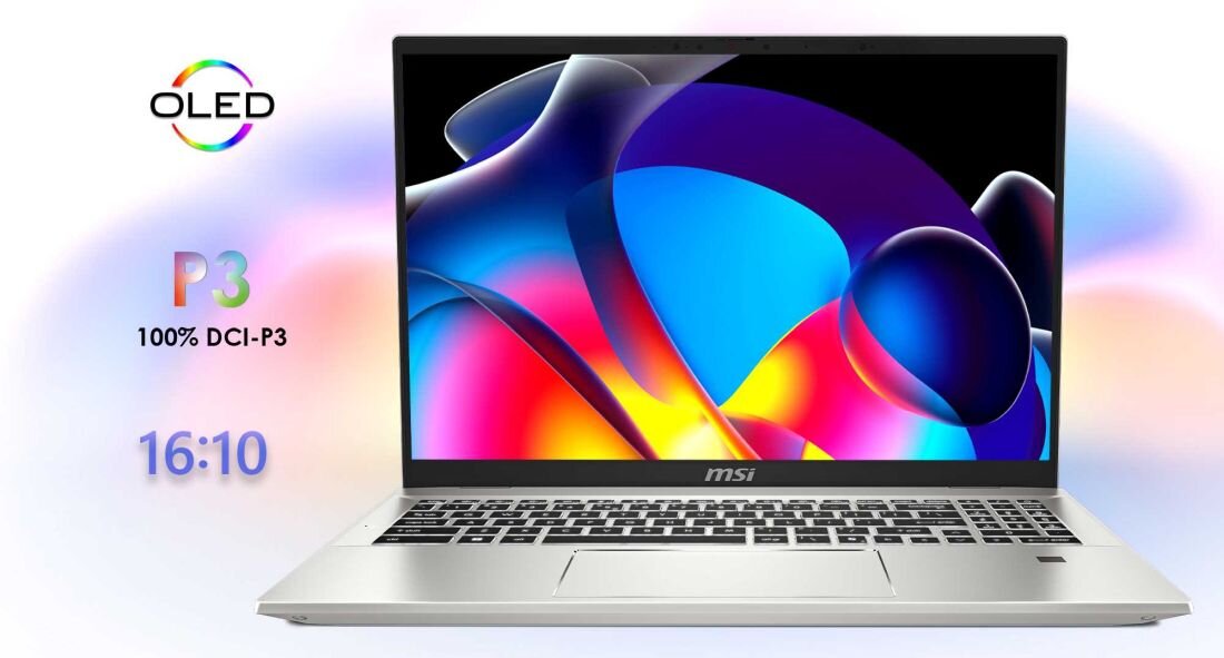 Laptop MSI Prestige A16 AI+ z ekranem OLED o proporcjach 16:10, wyświetlający barwną, abstrakcyjną grafikę; po lewej stronie oznaczenia: OLED, 100% DCI-P3, P3, 16:10 – podkreślenie szerokiej gamy kolorów i wysokiej jakości obrazu.- OLED, 3840 x 2400 px z pokryciem 100% DCI-P3