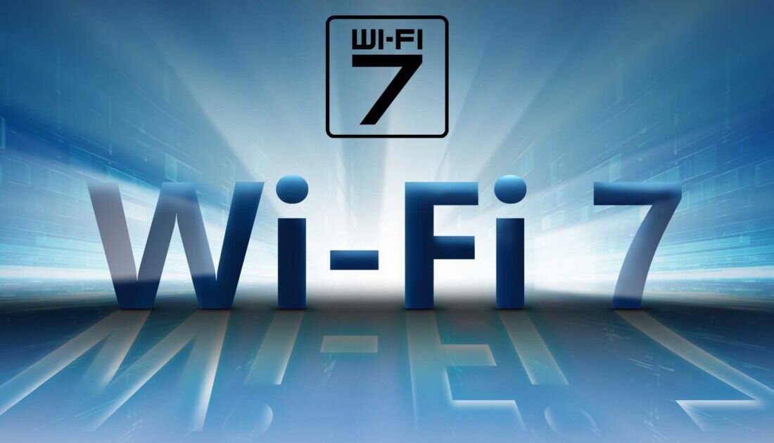 Grafika z napisem „Wi-Fi 7” na tle dynamicznych promieni świetlnych, symbolizująca obsługę najnowszego standardu łączności bezprzewodowej Wi-Fi 7 w laptopie MSI Prestige A16 AI+. - Wi-Fi 7