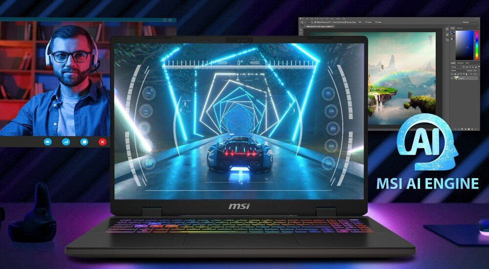 Laptop MSI Sword 17 HX B14VGKG-249XPL 17 IPS 165Hz i7-14650HX 16GB RAM 1TB SSD GeForce RTX4060 DLSS 3
inteligentna optymalizacja, technologia MSI Intelligent, sztuczna inteligencja, MSI AI Engine, MSI AI Artist,
laptop z odpaloną grą, logo MSI AI Engine