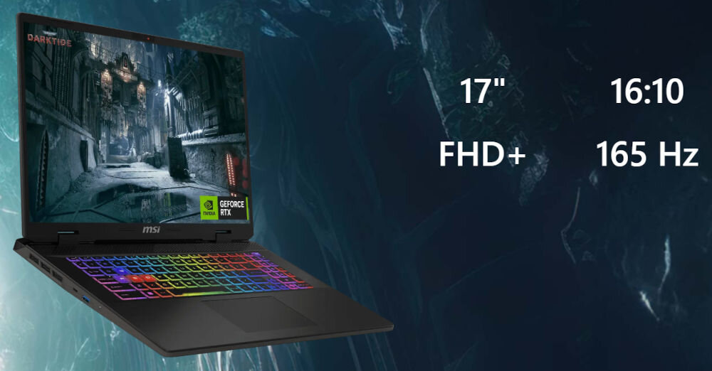 Laptop MSI Sword 17 HX B14VGKG-249XPL 17 IPS 165Hz i7-14650HX 16GB RAM 1TB SSD GeForce RTX4060 DLSS 3
zauważ każdy detal, ekran IPS o przekątnej 17 cali i rozdzielczości FHD+ (1920 x 1200 pikseli),
częstotliwość odświeżania 165 Hz, pełne pokrycie palety barw DCI-P3, proporcje ekranu 16:10, laptop