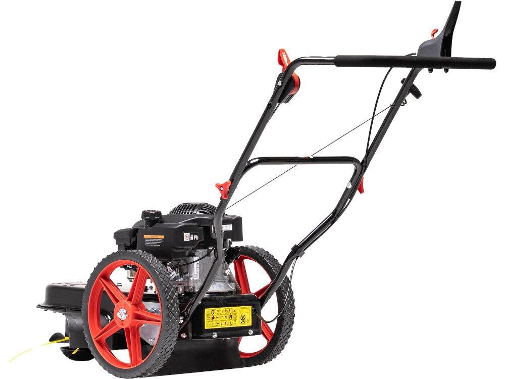 Kosiarka spalinowa NAC LP60-173-HW-2 Ducar DV170 600mm 2.75kW kosiarka na białym tle widoczna od tyłu pod skosem do pielęgnacji rozległych trawników łąk i terenów zielonych solidna konstrukcja wygodne prowadzenie szerokość robocza 60 cm