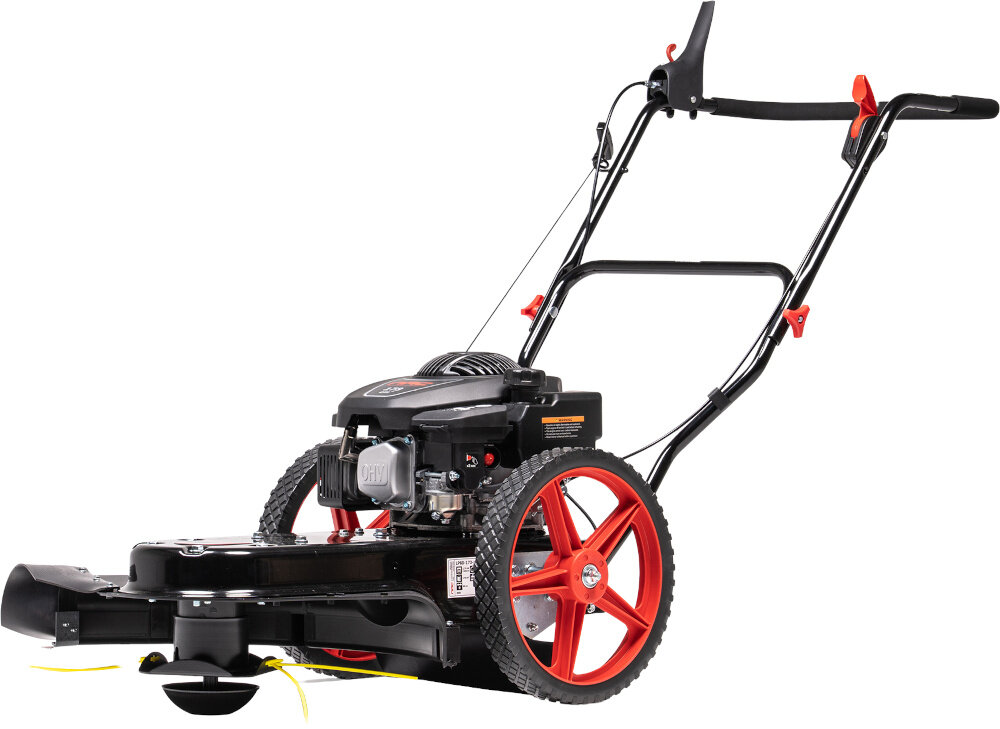 Kosiarka spalinowa NAC LP60-173-HW-2 Ducar DV170 600mm 2.75kW kosiarka na białym tle widoczna od przodu pod skosem solidna obudowa wykonana ze stal ochrona przed uszkodzeniami mechanicznymi i korozją składanej rączce waga około 28,7 kg konstrukcja oparta na dwóch kołach 