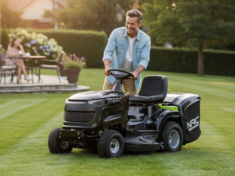 Traktor ogrodowy NAC TR102-452L-RH-T Loncin 1020mm 7,8kW, trawnik, ogród, traktor, koszenie, Mężczyzna kosi trawę czarnym traktorkiem na trawniku.