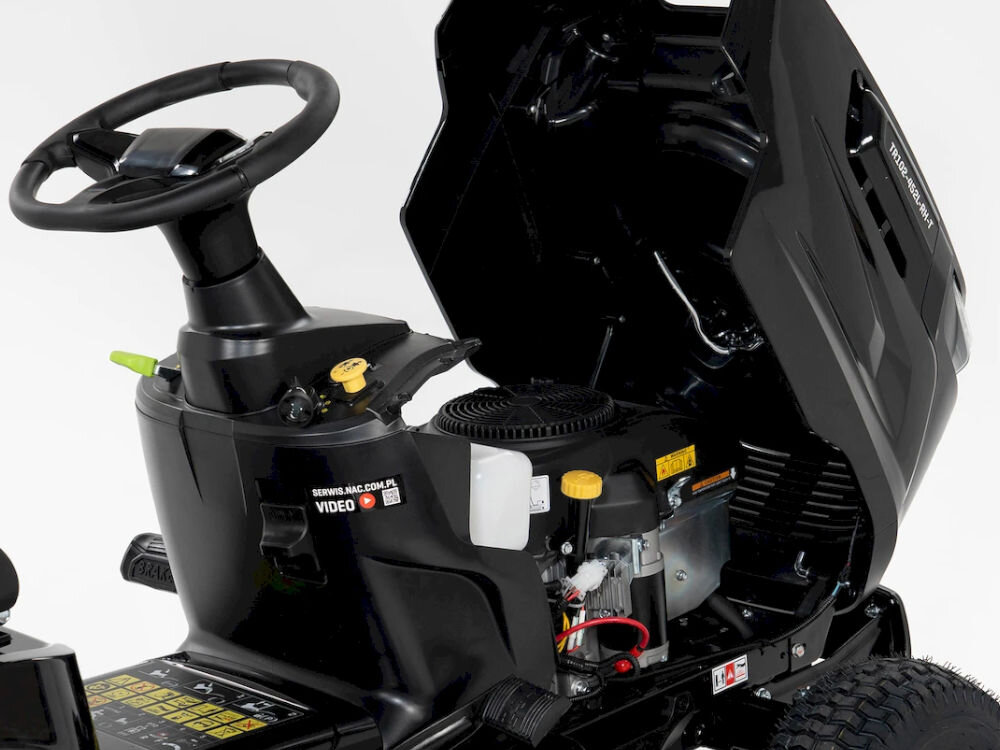 Traktor ogrodowy NAC TR102-452L-RH-T Loncin 1020mm 7,8kW, serwis, maska, dostęp, konserwacja, Otwarta maska traktorka ukazująca silnik spalinowy.