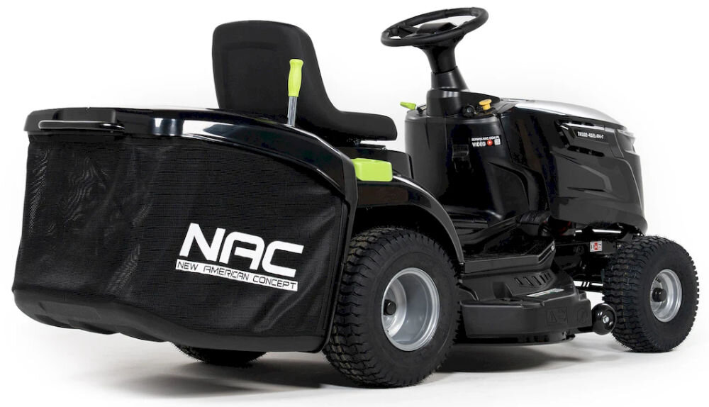 Traktor ogrodowy NAC TR102-452L-RH-T Loncin 1020mm 7,8kW, kosz, 245l, zbiornik, wygoda, Widok na tył traktorka z zamontowanym koszem.