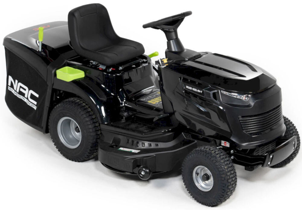 Traktor ogrodowy NAC TR102-452L-RH-T Loncin 1020mm 7,8kW, fotel, amortyzacja, ergonomia, wygoda, Czarny traktorek ogrodowy na białym tle.