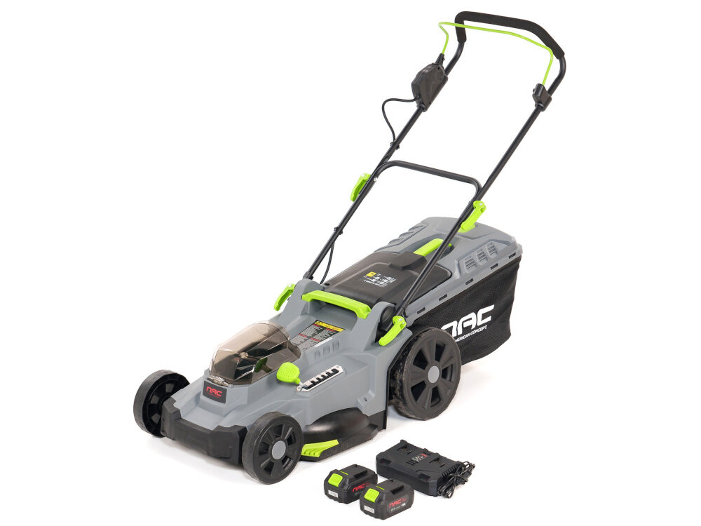 Kosiarka akumulatorowa NAC LB40-43-2B40-S zestaw na białym tle w zestawie kosiarka dwa akumulatory ładowarka kosz elementy montażowa zaślepka mulczująca dokumentacja