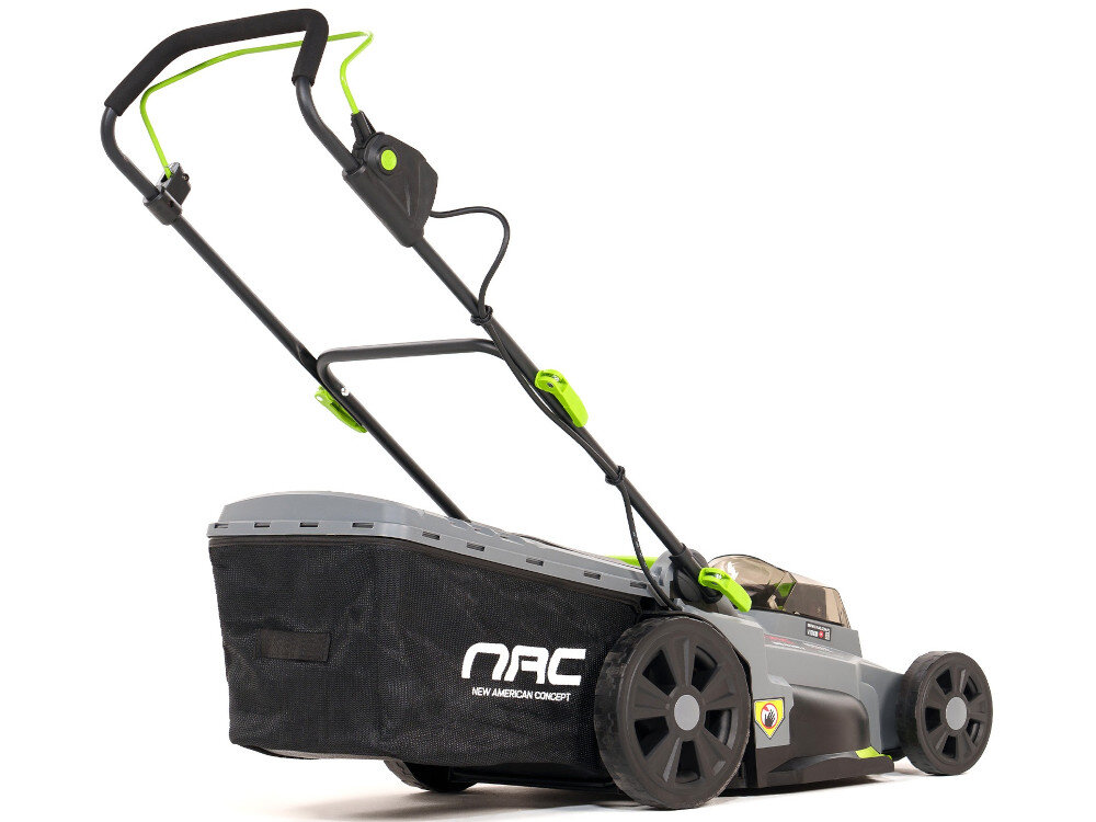 Kosiarka akumulatorowa NAC LB40-43-2B40-S kosiarka na białym tle widoczna od tyłu pod skosem silnik bezszczotkowy (indukcyjny) dłuższa żywotność i maksymalna efektywność energetyczna pracuje ciszej z mniejszymi stratami energii wyższą kulturą pracy prędkość obrotowa do 2900 obr/min cicha i energooszczędna praca silnika
