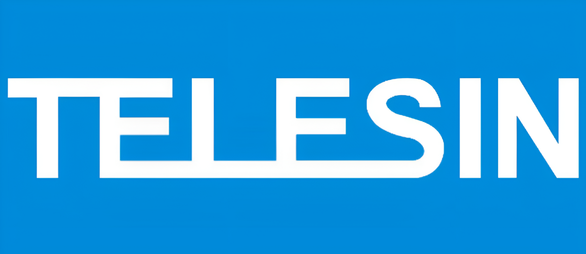 Logo z białym napisem \'TELESIN\' na niebieskim tle.