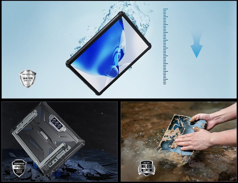 Tablet OUKITEL RT7  certyfikaty wodoodporności IP68 oraz pyłoodporności IP69K certyfikat MIL-STD-810H 