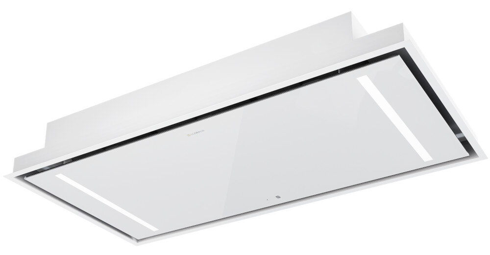 OKAP GLOBALO ZENARA 100.1 WHITE +TURBINA TW 2.1 Zdjęcie przedstawia okap sufitowy GLOBALO uchwycony z kąta, co eksponuje jego cienką konstrukcję oraz dwustronne oświetlenie LED. Obudowa wkomponowana jest w sufit, tworząc efekt lekkiej instalacji łatwy montaż akcesoria montażowe szybka instalacja montaż sufit podwieszany funkcjonalność