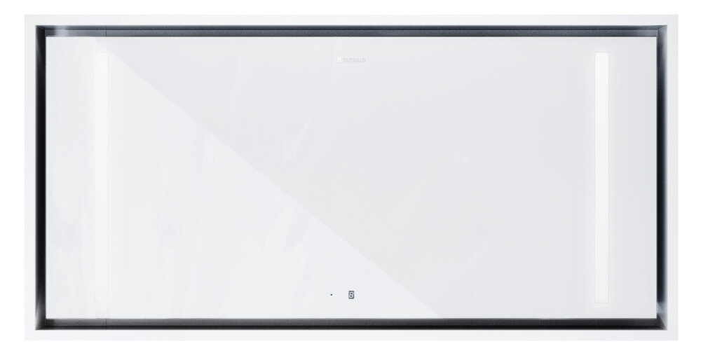 OKAP GLOBALO ZENARA 100.1 WHITE +TURBINA TW 3.1 Zdjęcie przedstawia okap sufitowy GLOBALO z dużym, białym frontem wykonanym ze szkła i dwoma pionowymi paskami oświetlenia LED po bokach. Minimalistyczny design oraz czarne obramowanie podkreślają charakter urządzenia klasa energetyczna B energooszczędne LED niskie zużycie energii oświetlenie kuchni oszczędność prądu