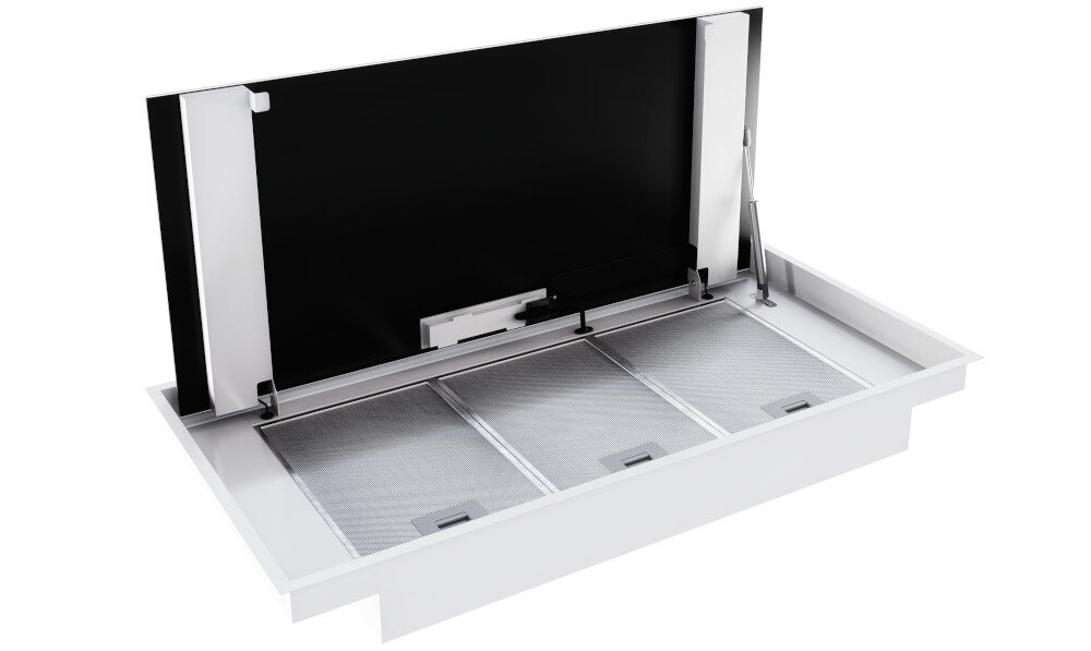 OKAP GLOBALO ZENARA 100.1 WHITE +TURBINA TW 3.1 Obraz ukazuje wnętrze okapu po otwarciu górnego panelu, prezentując trzy metalowe filtry aluminiowe i mechanizm odchylania. Wnętrze wykonano w dwóch kolorach — czerni i bieli — nadających całości estetyczną spójność filtr aluminiowy filtr tłuszczu czyste powietrze łatwe czyszczenie skuteczna filtracja