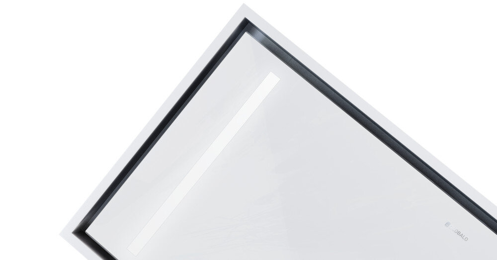 OKAP GLOBALO ZENARA 100.1 WHITE +TURBINA TW 3.1 Zdjęcie przedstawia fragment okapu z widoczną linią świetlną LED umieszczoną w szklanym froncie. Ujęcie podkreśla precyzję wykonania oraz minimalistyczny wygląd ramy montaż sufitowy kuchnia estetyczne wykończenie przestronne wnętrze ukryta wentylacja