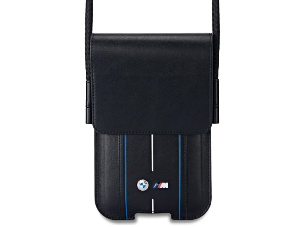 Torebka BMW Phone Pouch Blue Stripes Czarny motoryzacja, styl, jakość, skóra ekologiczna, paski, barwy, logotyp, torebka na białym tle