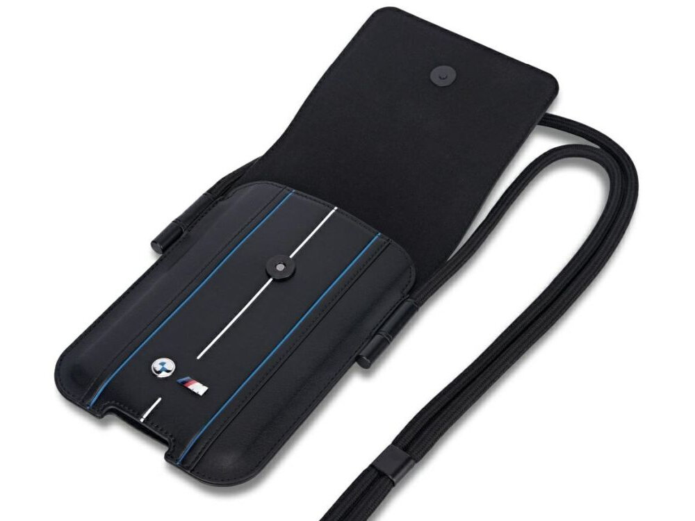 Torebka BMW Phone Pouch Blue Stripes Czarny zatrzask, funkcjonalność, wymiary, kolor, torebka na białym tle
