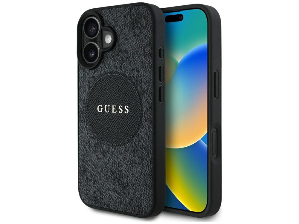 Etui GUESS 4G Circle Classic Logo MagSafe do Apple iPhone 16 Czarny etui na białym tle skóra ekologiczna, elegancja, moda, detale