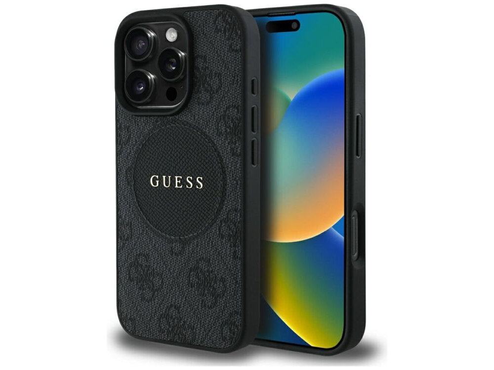 Etui GUESS 4G Circle Classic Logo MagSafe do Apple iPhone 16 Pro Czarny etui na białym tle skóra ekologiczna, elegancja, moda, detale