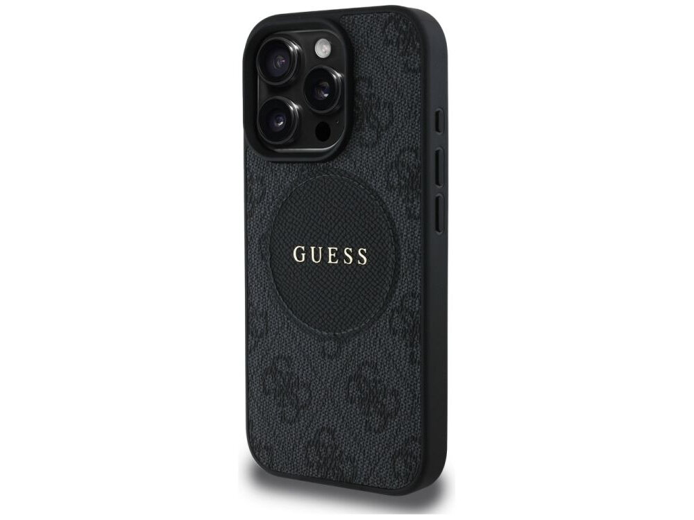 Etui GUESS 4G Circle Classic Logo MagSafe do Apple iPhone 16 Pro Czarny etui na białym tle podniesione krawędzie elastyczne boki ochrona na uszkodzenia upadki