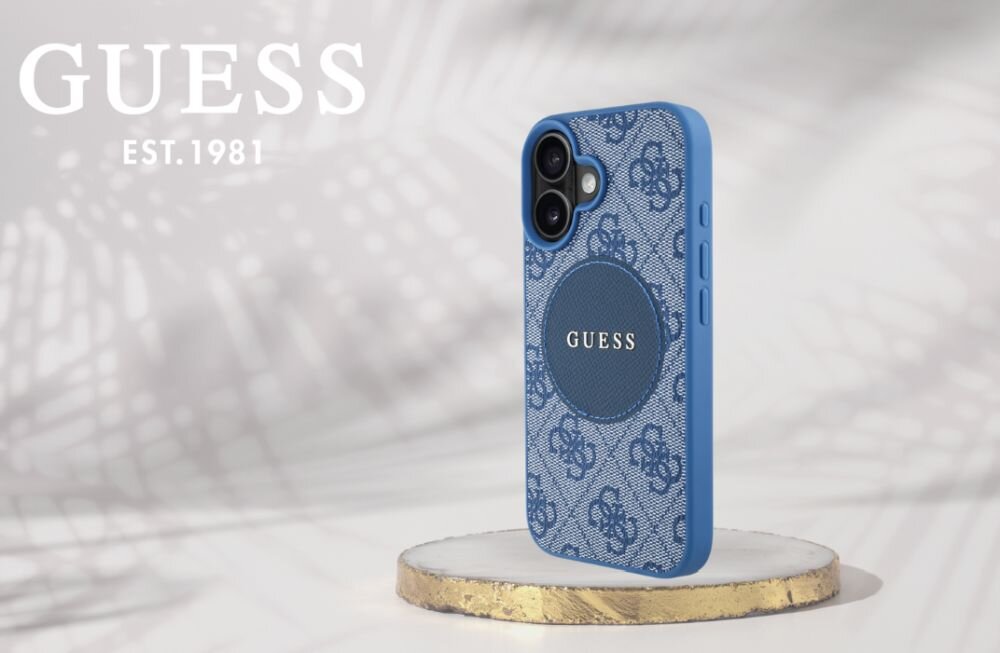 Etui GUESS 4G Circle Classic Logo MagSafe do Apple iPhone 16 Niebieski smartfon w etui na postumencie, logo marki w tle