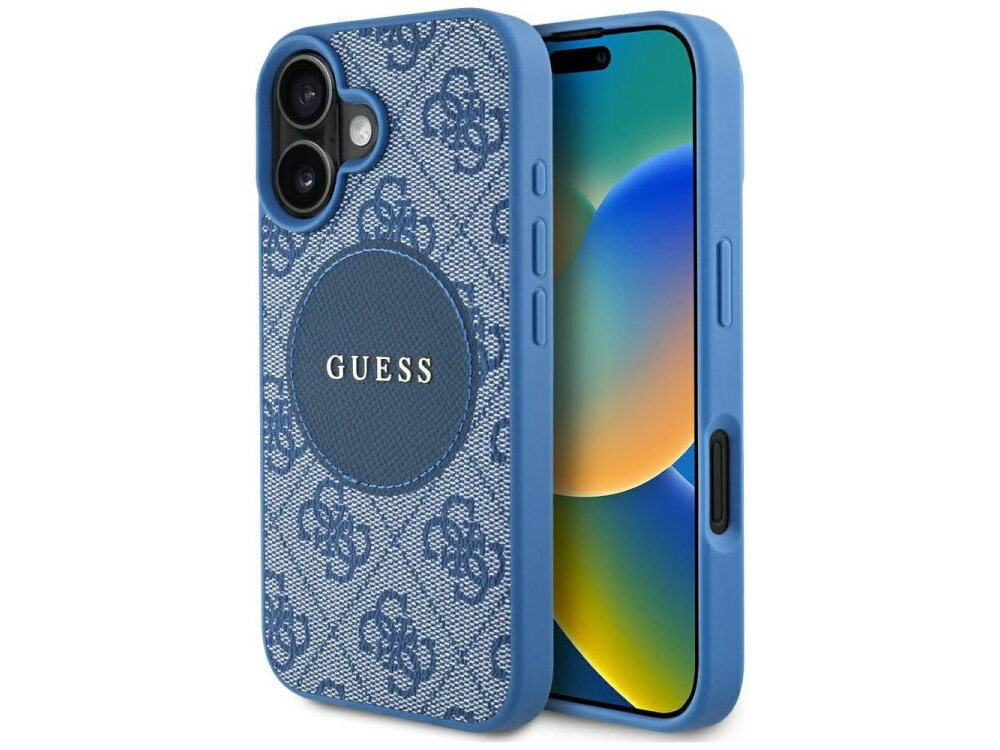 Etui GUESS 4G Circle Classic Logo MagSafe do Apple iPhone 16 Niebieski etui na białym tle skóra ekologiczna, elegancja, moda, detale