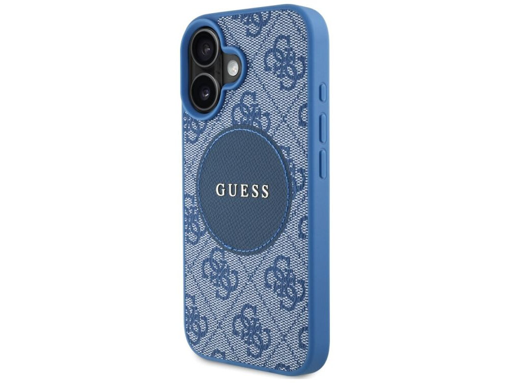 Etui GUESS 4G Circle Classic Logo MagSafe do Apple iPhone 16 Niebieski etui na białym tle podniesione krawędzie elastyczne boki ochrona na uszkodzenia upadki