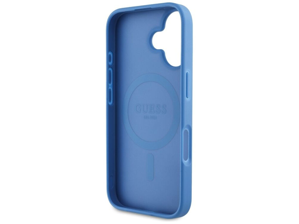 Etui GUESS 4G Circle Classic Logo MagSafe do Apple iPhone 16 Niebieski etui na białym tle magnetyczny pierścień, magsafe, ładowanie