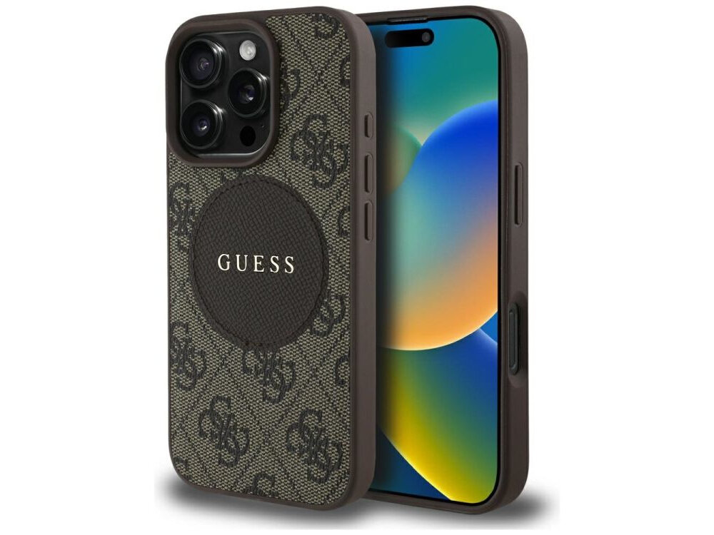 Etui GUESS 4G Circle Classic Logo MagSafe do Apple iPhone 16 Pro Brązowy etui na białym tle skóra ekologiczna, elegancja, moda, detale