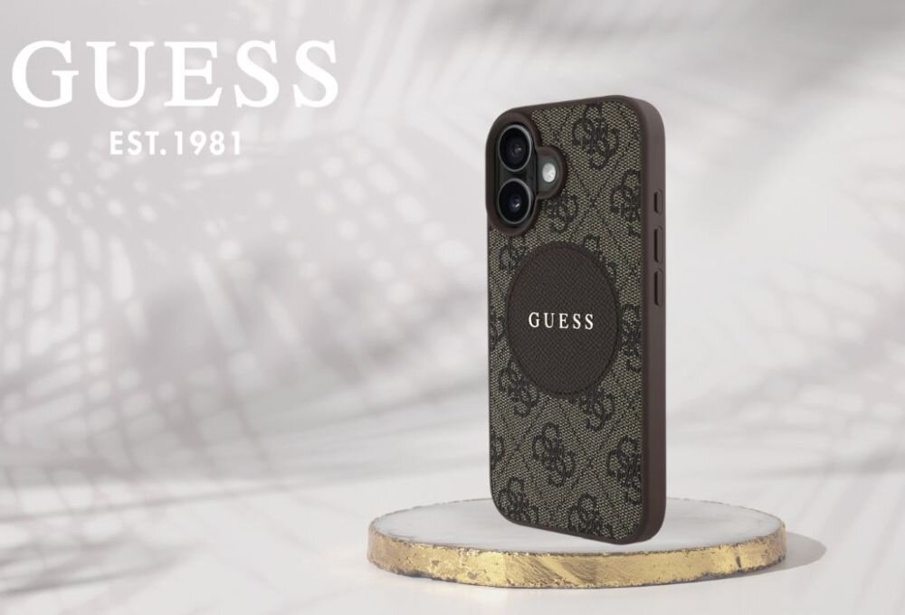 Etui GUESS 4G Circle Classic Logo MagSafe do Apple iPhone 16 Brązowy smartfon w etui na postumencie, logo marki w tle
