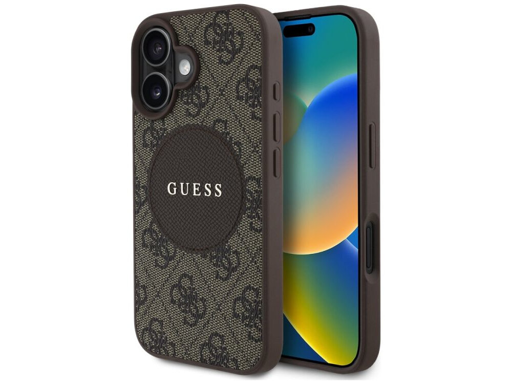 Etui GUESS 4G Circle Classic Logo MagSafe do Apple iPhone 16 Brązowy etui na białym tle skóra ekologiczna, elegancja, moda, detale