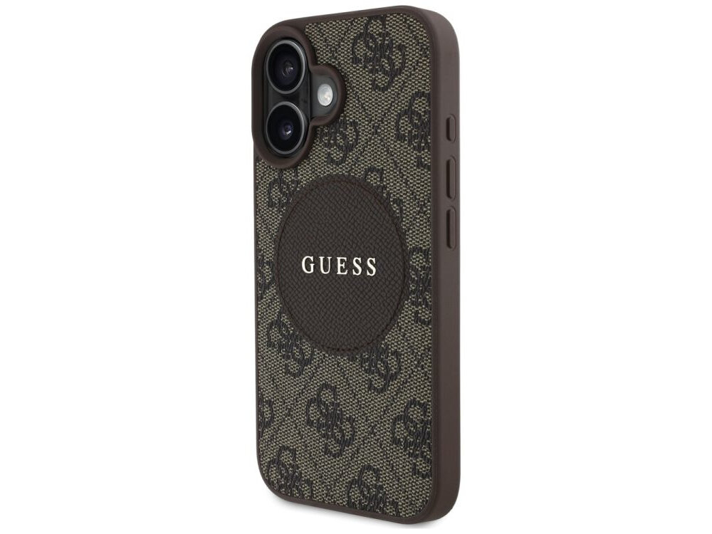 Etui GUESS 4G Circle Classic Logo MagSafe do Apple iPhone 16 Brązowy etui na białym tle podniesione krawędzie elastyczne boki ochrona na uszkodzenia upadki