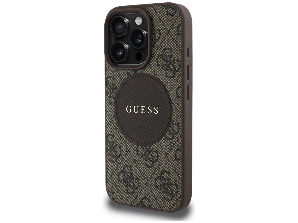 Etui GUESS 4G Circle Classic Logo MagSafe do Apple iPhone 16 Pro Max Brązowy etui na białym tle podniesione krawędzie elastyczne boki ochrona na uszkodzenia upadki