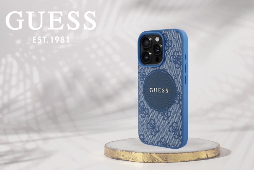 Etui GUESS 4G Circle Classic Logo MagSafe do Apple iPhone 16 Pro Max Niebieski smartfon w etui na postumencie, logo marki w tle