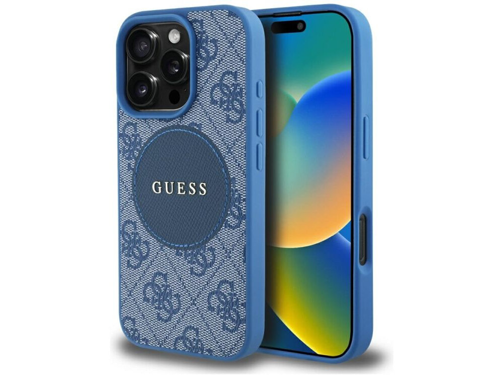 Etui GUESS 4G Circle Classic Logo MagSafe do Apple iPhone 16 Pro Max Niebieski etui na białym tle skóra ekologiczna, elegancja, moda, detale