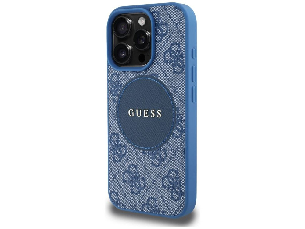 Etui GUESS 4G Circle Classic Logo MagSafe do Apple iPhone 16 Pro Max Niebieski etui na białym tle podniesione krawędzie elastyczne boki ochrona na uszkodzenia upadki