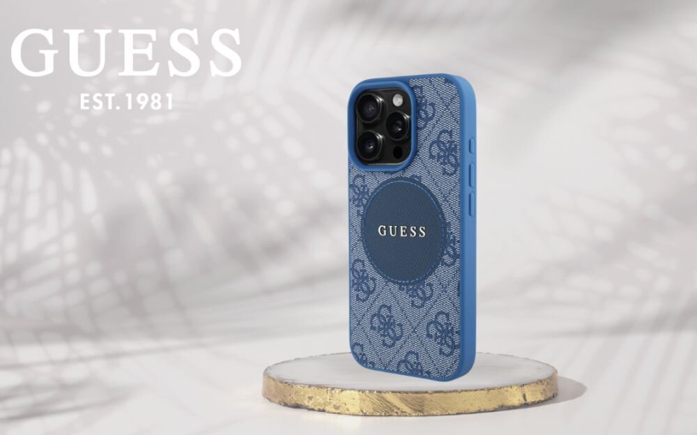 Etui GUESS 4G Circle Classic Logo MagSafe do Apple iPhone 16 Pro Niebieski smartfon w etui na postumencie, logo marki w tle