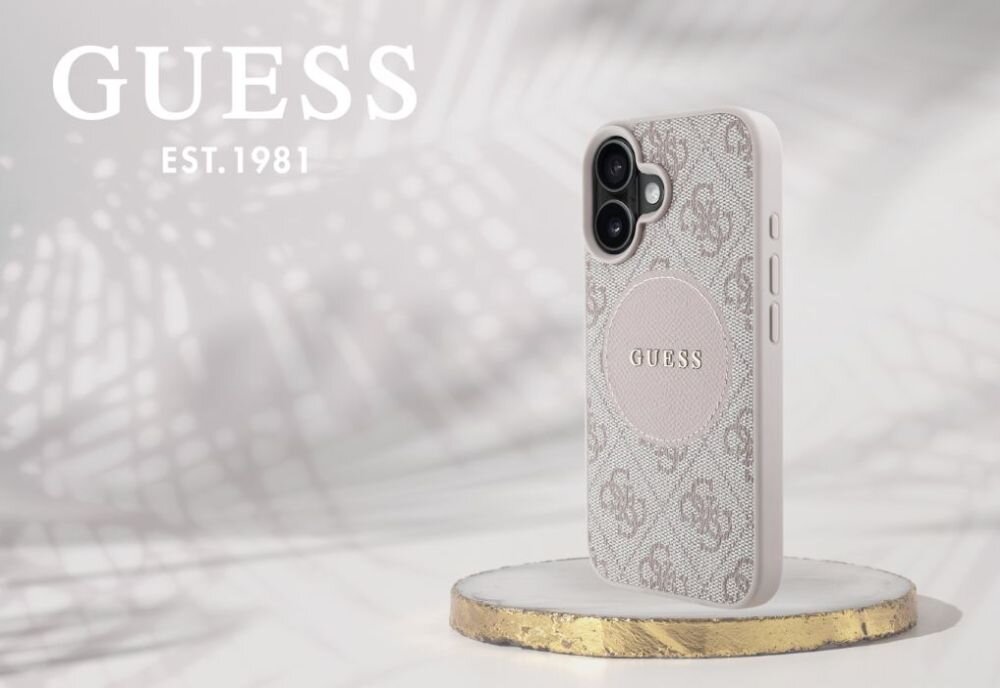 Etui GUESS 4G Circle Classic Logo MagSafe do Apple iPhone 16 Różowy smartfon w etui na postumencie, logo marki w tle