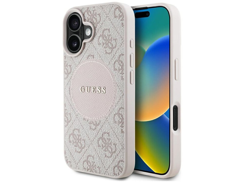 Etui GUESS 4G Circle Classic Logo MagSafe do Apple iPhone 16 Różowy etui na białym tle skóra ekologiczna, elegancja, moda, detale