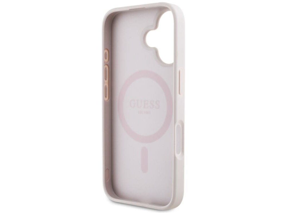 Etui GUESS 4G Circle Classic Logo MagSafe do Apple iPhone 16 Różowy etui na białym tle magnetyczny pierścień, magsafe, ładowanie